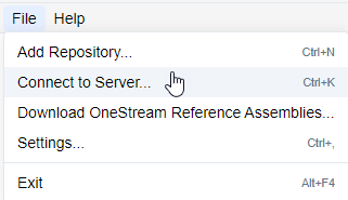 The File menu is expanded to display the Connect to Server option